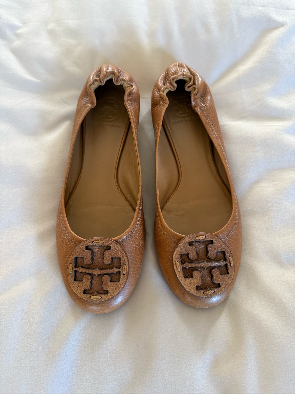 Tory Burch Chestnut Leather Logo Ballet Flats